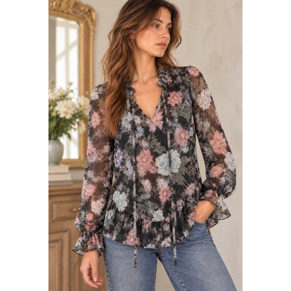 Vintage Sheer Floral Mesh Blouse Size 12 Whimsigoth Fairy Grunge Tie Neck